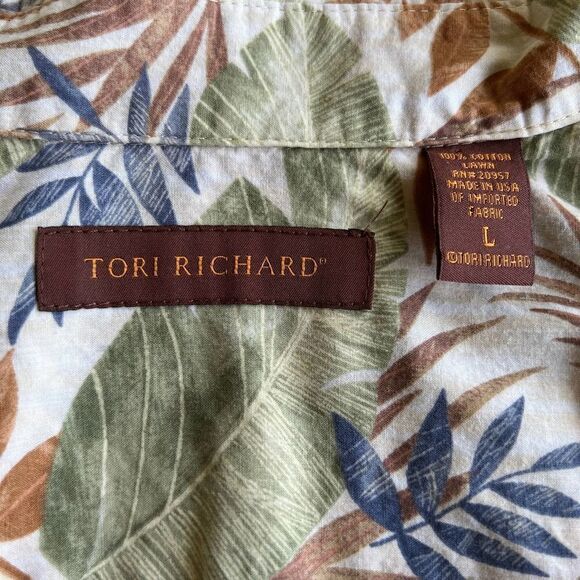 Vintage Tori Richard Aloha Shirt Cream/Green/Blue Tropical Mens Large - Picture 2 of 7